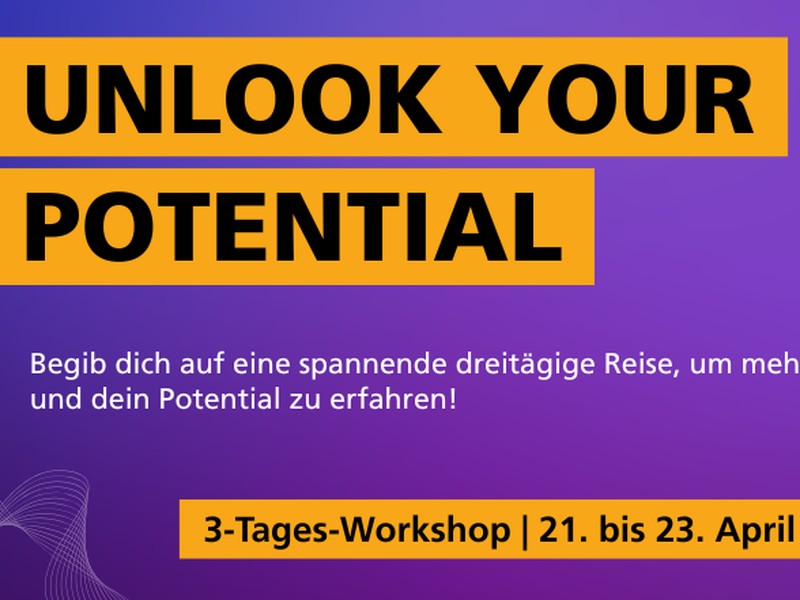Grafik zum Workshop mit Slogan in orange, violett und mit vereinzelten geschweiften Linien.