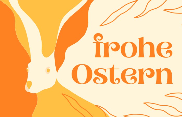 Grafik mit Ostergüßen und einer Illustration eines Hasen.