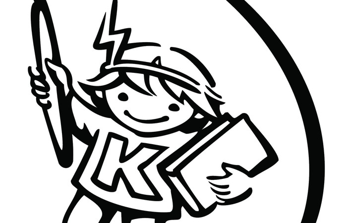 Logo der Kinder-Uni mit illustriertem Kind mit Buch und Stift.