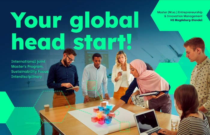 Grafik für den Masterstudiengang "Entrepreneurship & Innovationsmanagement (MEsIM)“ mit Studierenden und Lehrendem die an einem Projekt arbeiten.