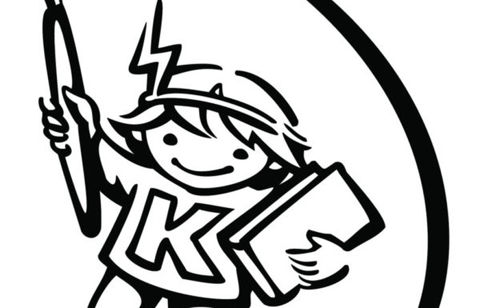 Logo der Kinder-Uni mit illustriertem Kind mit Buch und Stift.