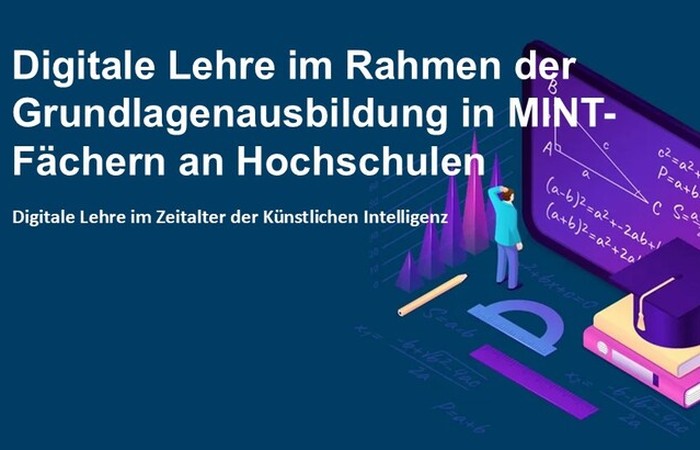 Ankündigung für Digitale Lehre im Rahmen der Grundlagenausbildung in MINT-Fächern an Hochschulen mit mathematischen Grafiken.