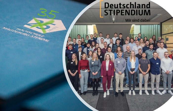 Grafik zum Alum-Newsletter mit Studierenden mit Deutschlandstipendium und Material zum 35. Jubiläum der Hochschule.