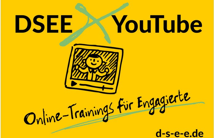 Grafik für die Trainingsreihe DSEE meets YouTube mit gelbem Hintrgrund und einer Videoclip Illusttration.