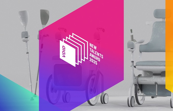 Grafik für die New Talents Awards mit farbigen Formen sowie medizinische Geräte wie Krücken und Rollstühle.