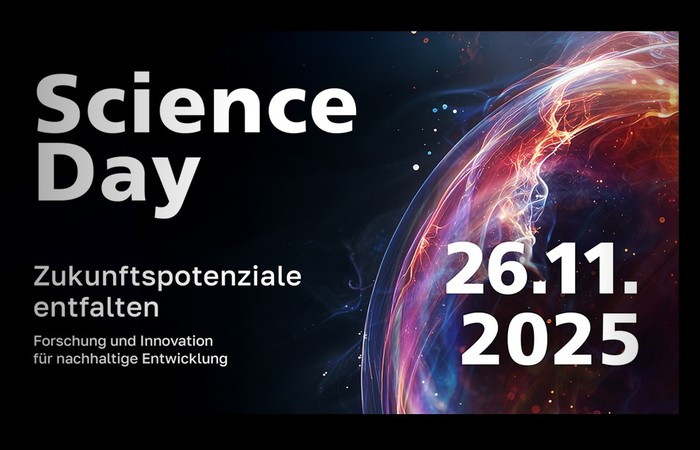 Ankündigung zum Science Day am 26. November 2025 mit dem Motto „Zukunftspotenziale entfalten“ und dem Schwerpunkt „Forschung und Innovation für nachhaltige Entwicklung“.