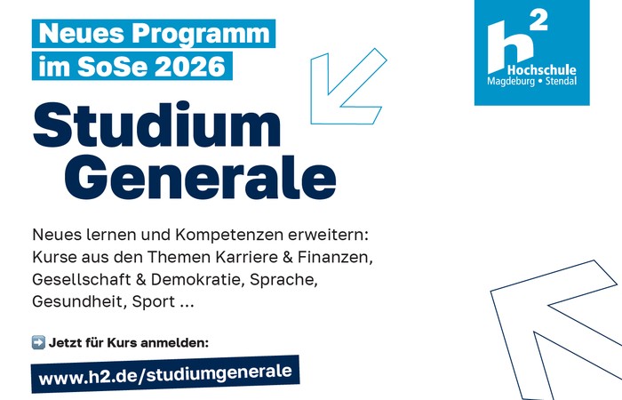 Infografik zum neuen Programm von Studium Generale im Sommersemester 2026. Grafik zeigt zudem Pfeile und das Hochschullogo.