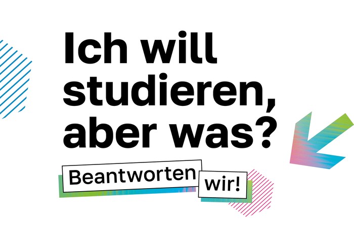 Grafik für den Open Campus 2026 mit dem Slogan "Ich will studieren, aber was? Beantworten wir" sowie Pfeil und Rauten im Kapagnendesign.