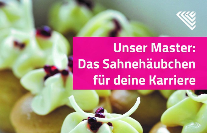 Flyer zur Bewerbung des Masterstudiengangs mit Slogan "Unser Master: Das Sahnehäubchen für deine Karriere".