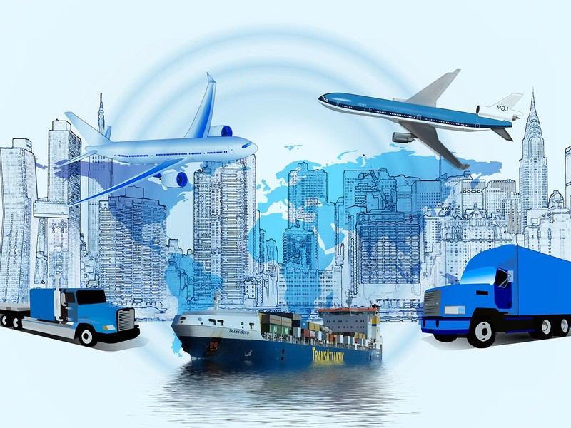 Grafik mit Illustrationen verschiedener Transportwege und einer Stadt-Skyline.