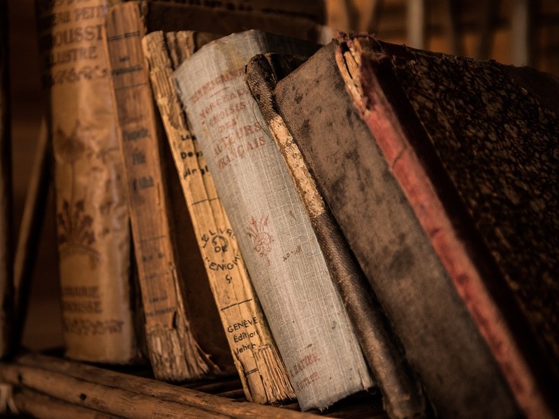 Nahaufnahme alter Bücher in einem Regal.