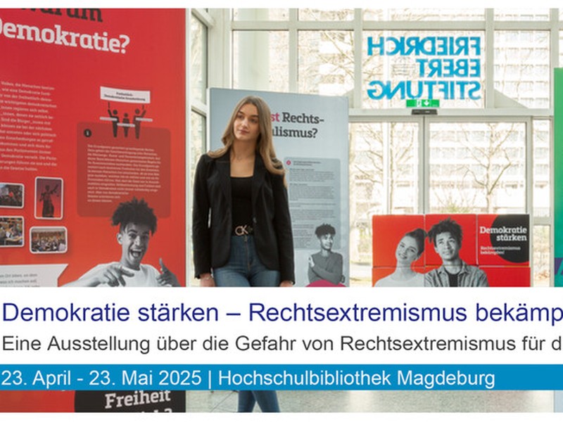 Infografik zur Ausstellung mit Titel, Plakaten und einer Person.