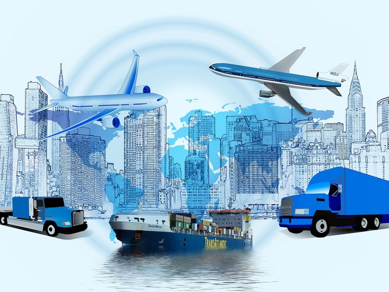 Grafik mit Illustrationen verschiedener Transportwege und einer Stadt-Skyline.