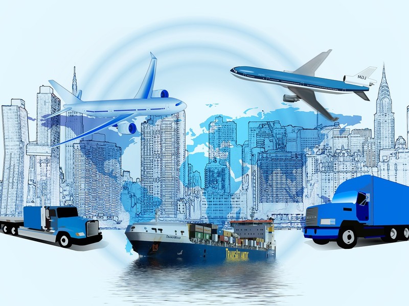 Grafik mit Illustrationen verschiedener Transportwege und einer Stadt-Skyline.