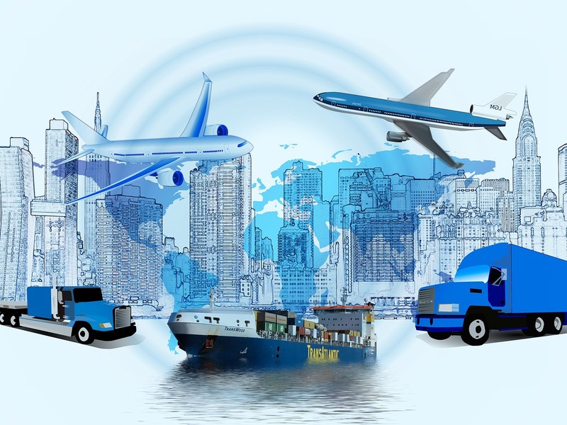 Grafik mit Illustrationen verschiedener Transportwege und einer Stadt-Skyline.