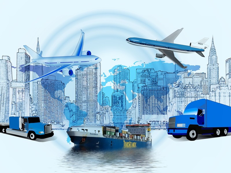 Grafik mit Illustrationen verschiedener Transportwege und einer Stadt-Skyline.