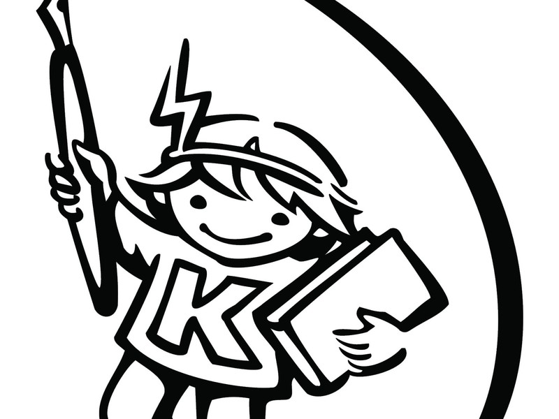 Logo der Kinder-Uni mit illustriertem Kind mit Buch und Stift.