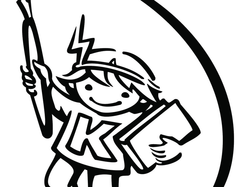 Logo der Kinder-Uni mit illustriertem Kind mit Buch und Stift.