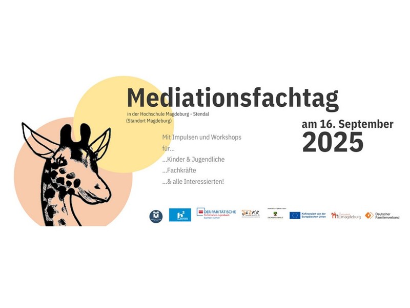 Infografik Mediationsfachtag mit einer Giraffe als Logo.