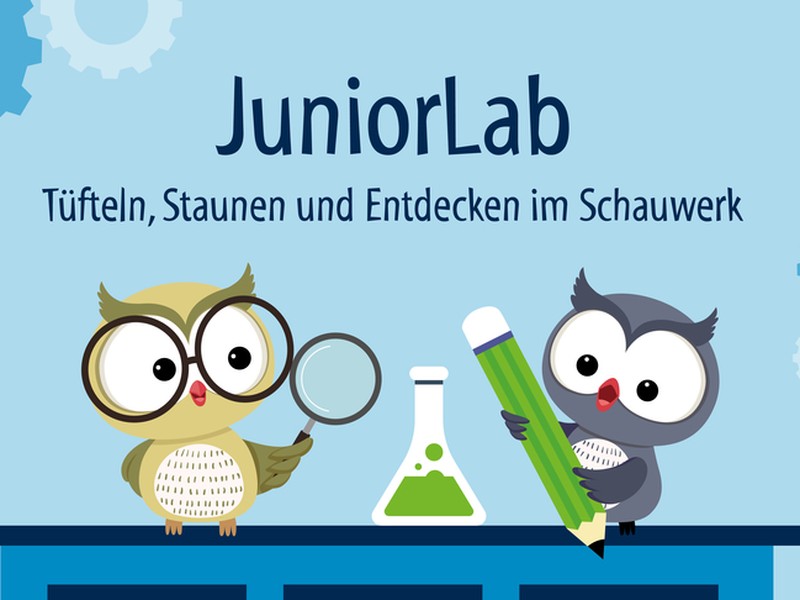 Infografik zum Juniorlab mit illustrierten Eulen beim Experimentieren.