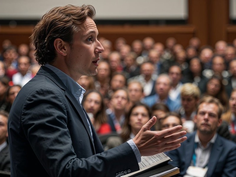 Person hält eine Rede vor einem Publikum.
