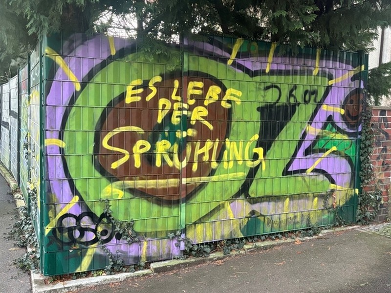 Foto eines Street-Art Graffiti mit dem Spruch "Es lebe der Sprühling".