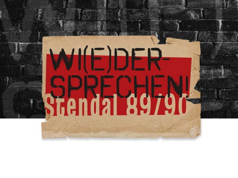 Grafik zur Veranstaltung mit einem Schild und dem Slogan "Wi(e)der Sprechen! Stendal 89/90".