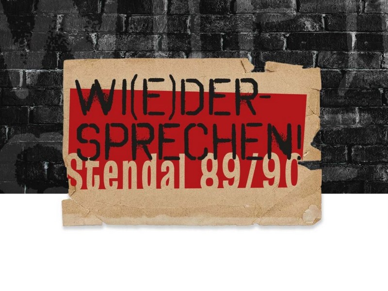 Grafik zur Veranstaltung mit einem Schild und dem Slogan "Wi(e)der Sprechen! Stendal 89/90".