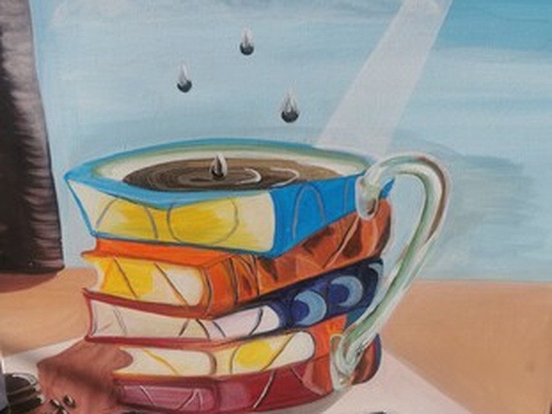 Ein Gemälde im surrealistischen Stil, auf dem Bücher als Kaffeetassen dargestellt sind.