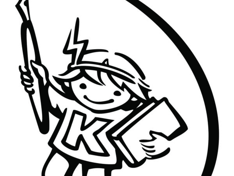 Logo der Kinder-Uni mit illustriertem Kind mit Buch und Stift.
