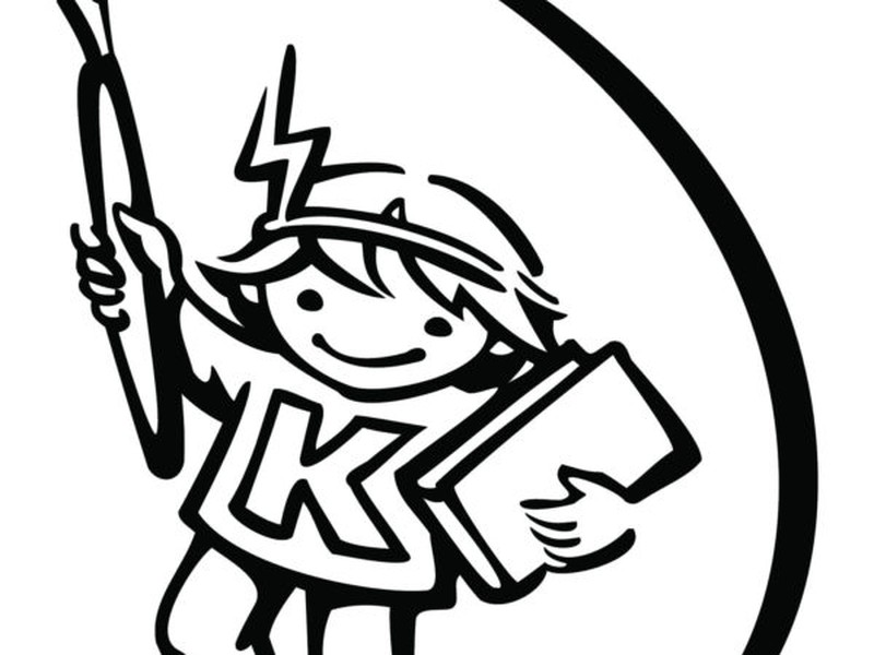 Logo der Kinder-Uni mit illustriertem Kind mit Buch und Stift.