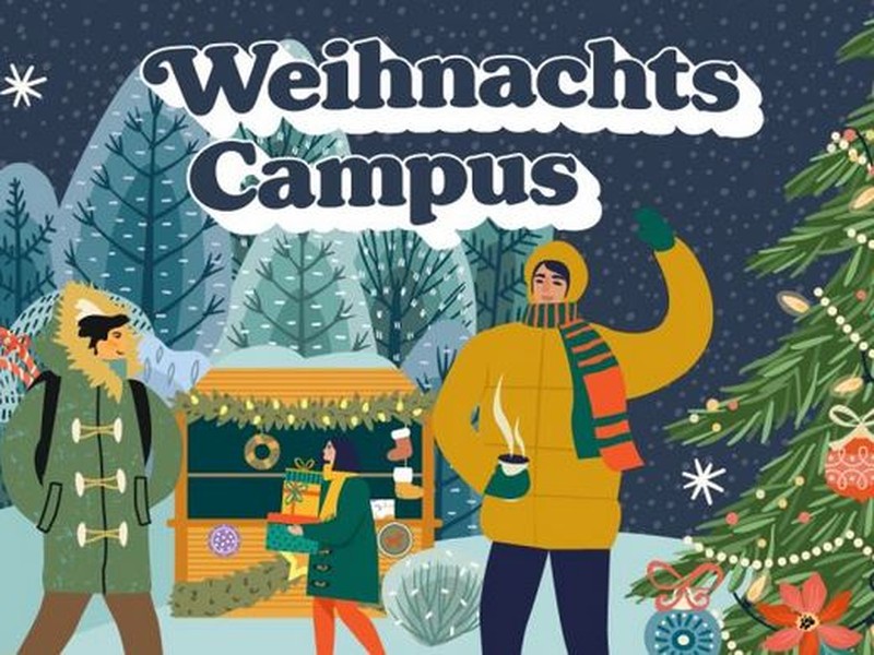 Grafik zum Weihnachtscampus mit illustrierten Personen im Schnee mit weihnachtlicher Dekoration.