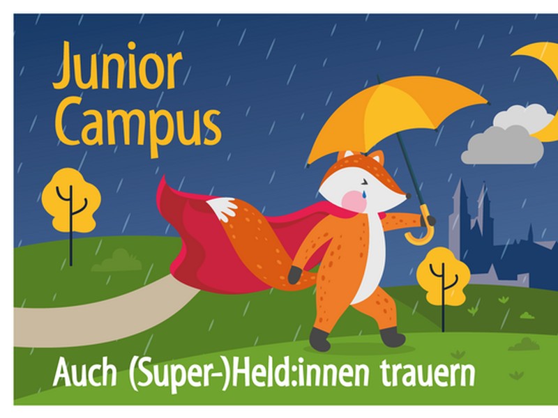 Flyer zum Juniorcampus mit einem traurigen Fuchs im Regen.