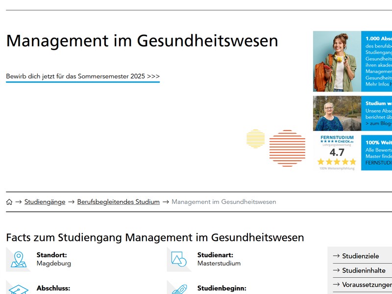 Screenshot der Vorstellungsseite des Studiengangs "Management im Gesundheitswesen".