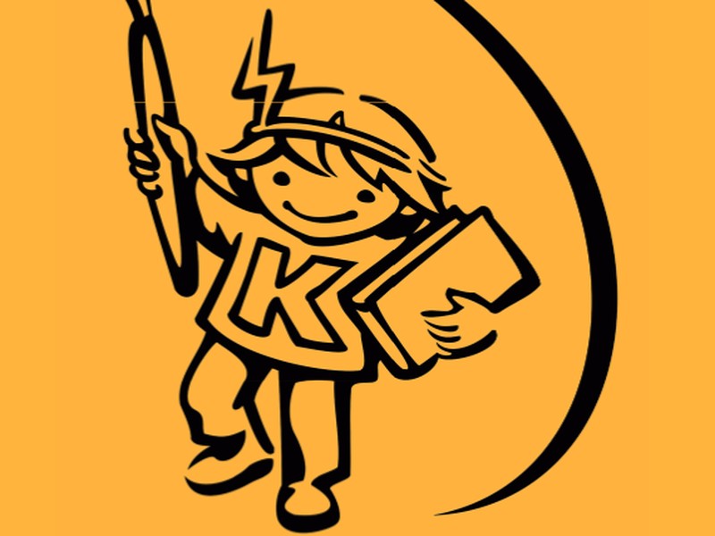 Logo der Kinder-Uni mit illustriertem Kind mit Buch und Stift.